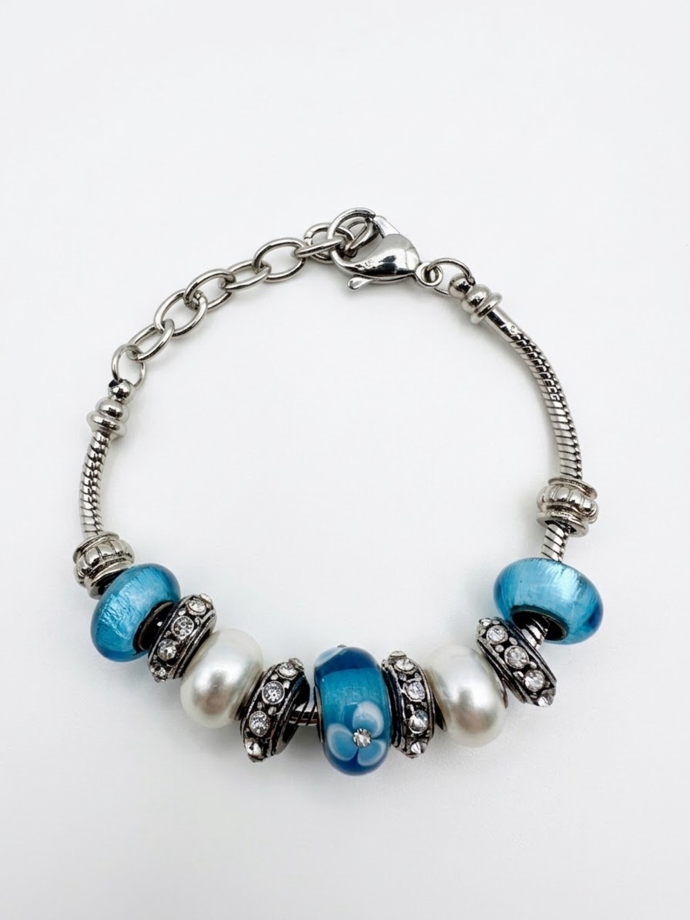 Silver Turquoise Blue Lampwork Glass Bead Charm Bracelet Rhinestone Pearl
